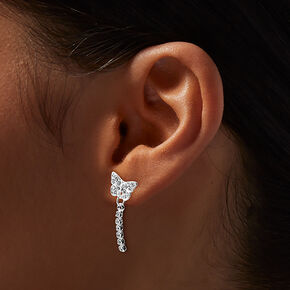 Silver-tone Crystal Pav&eacute; Butterfly Micro Drop Earrings,