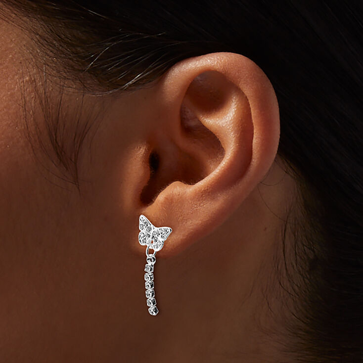 Silver-tone Crystal Pav&eacute; Butterfly Micro Drop Earrings,
