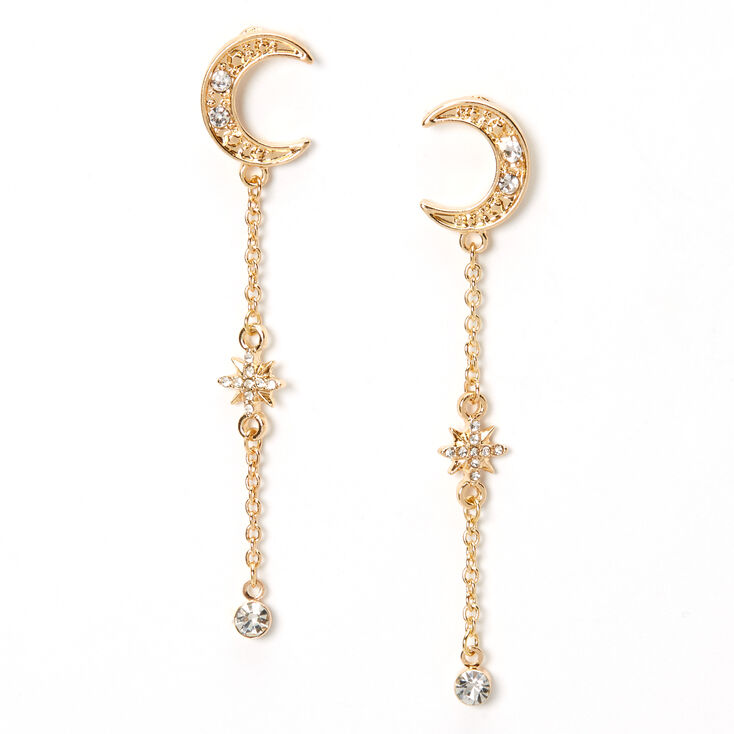 Gold 2.5&quot; Linear Moon Star Drop Earrings,