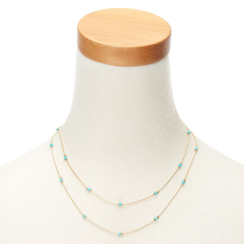 Gold Beaded Multi Strand Necklace - Turquoise,