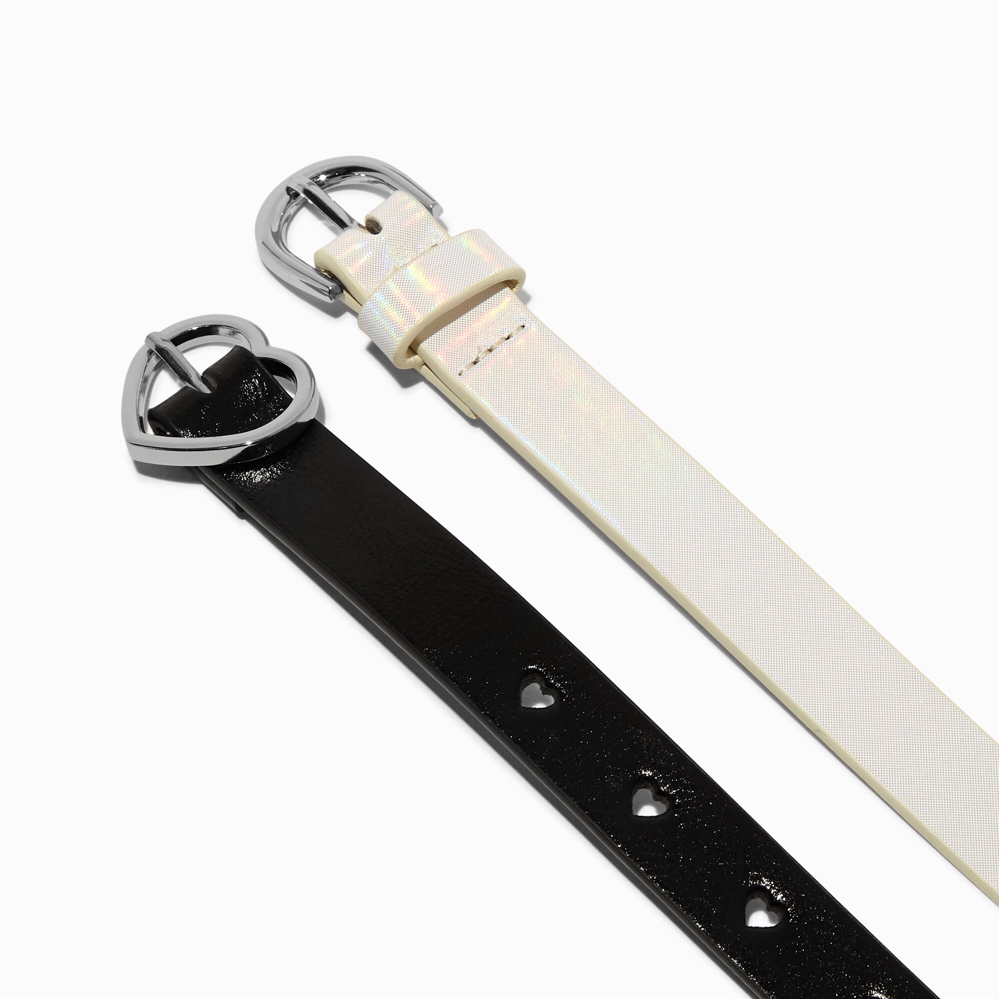 Iridescent & Heart Buckle Black Belt - 2 Pack, S/M,