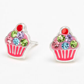 Sterling Silver Embellished Cupcake Stud Earrings - Pink,