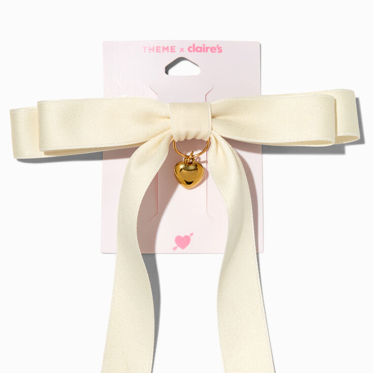 T H E M E x Claire&#39;s White Long Tail Gold-tone Heart Charm Hair Bow Clip,