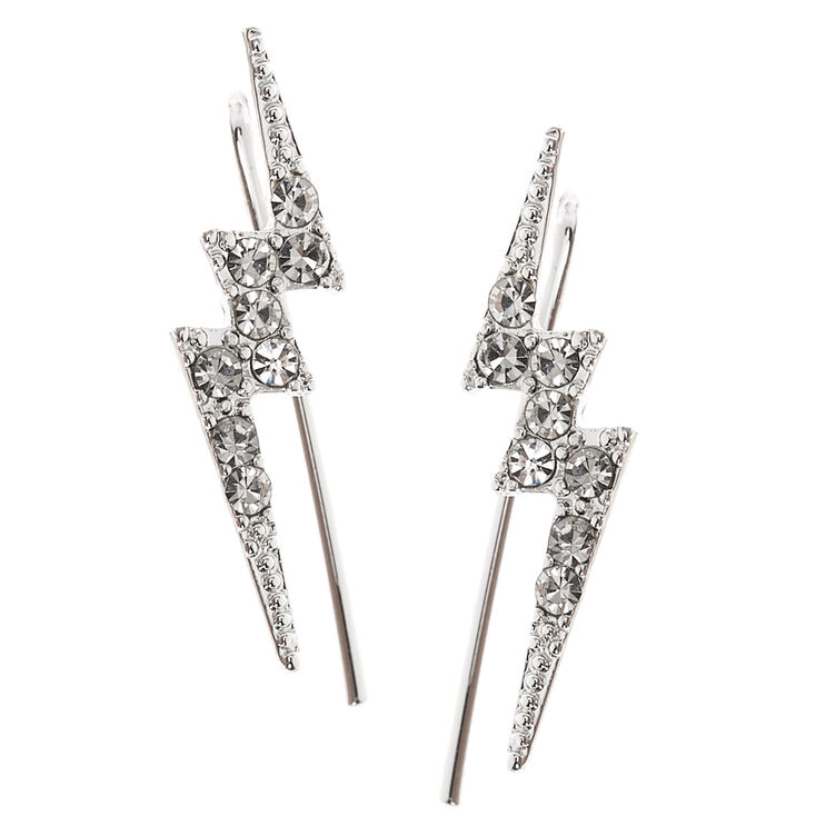 Silver 1&quot; Embellished Lightning Bolt Ear Crawler Earrings,