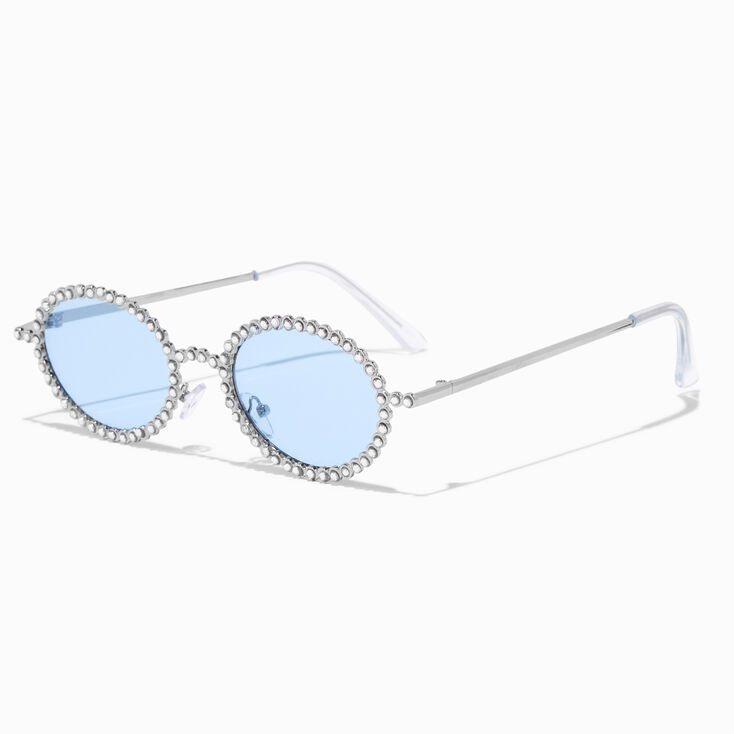 Crystal Studded Oval Blue Lens Sunglasses,