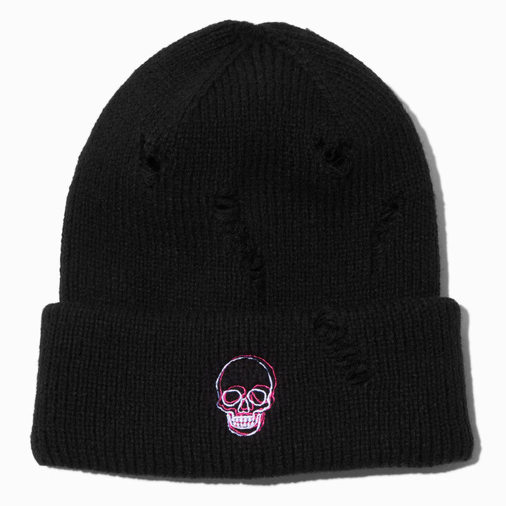Embroidered Skull Black Beanie Hat,