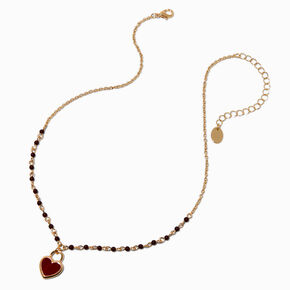 Collier &agrave; pendentif cha&icirc;ne perle d&#39;imitation noir c&oelig;ur bordeaux,
