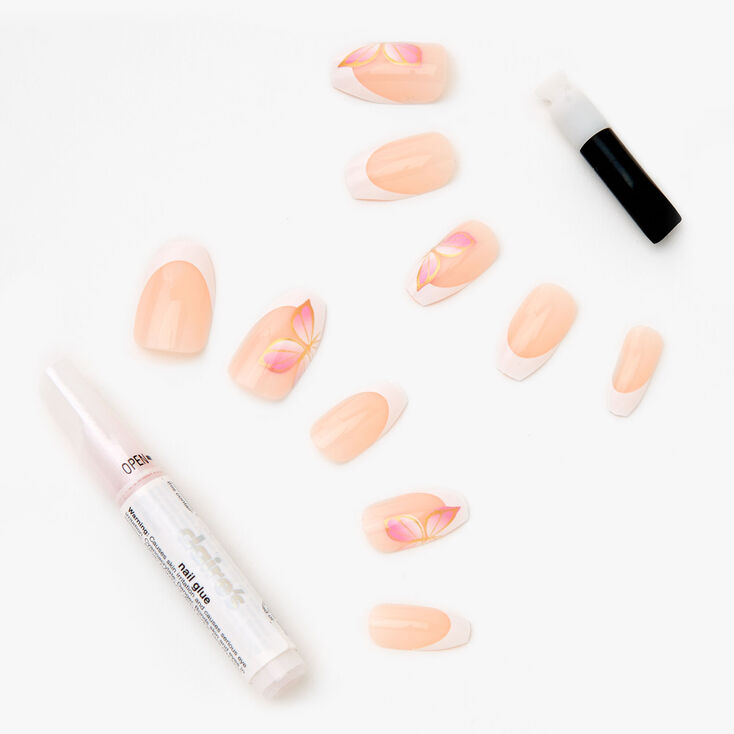 Faux ongles ballerine French manucure papillons roses - Lot de 24,