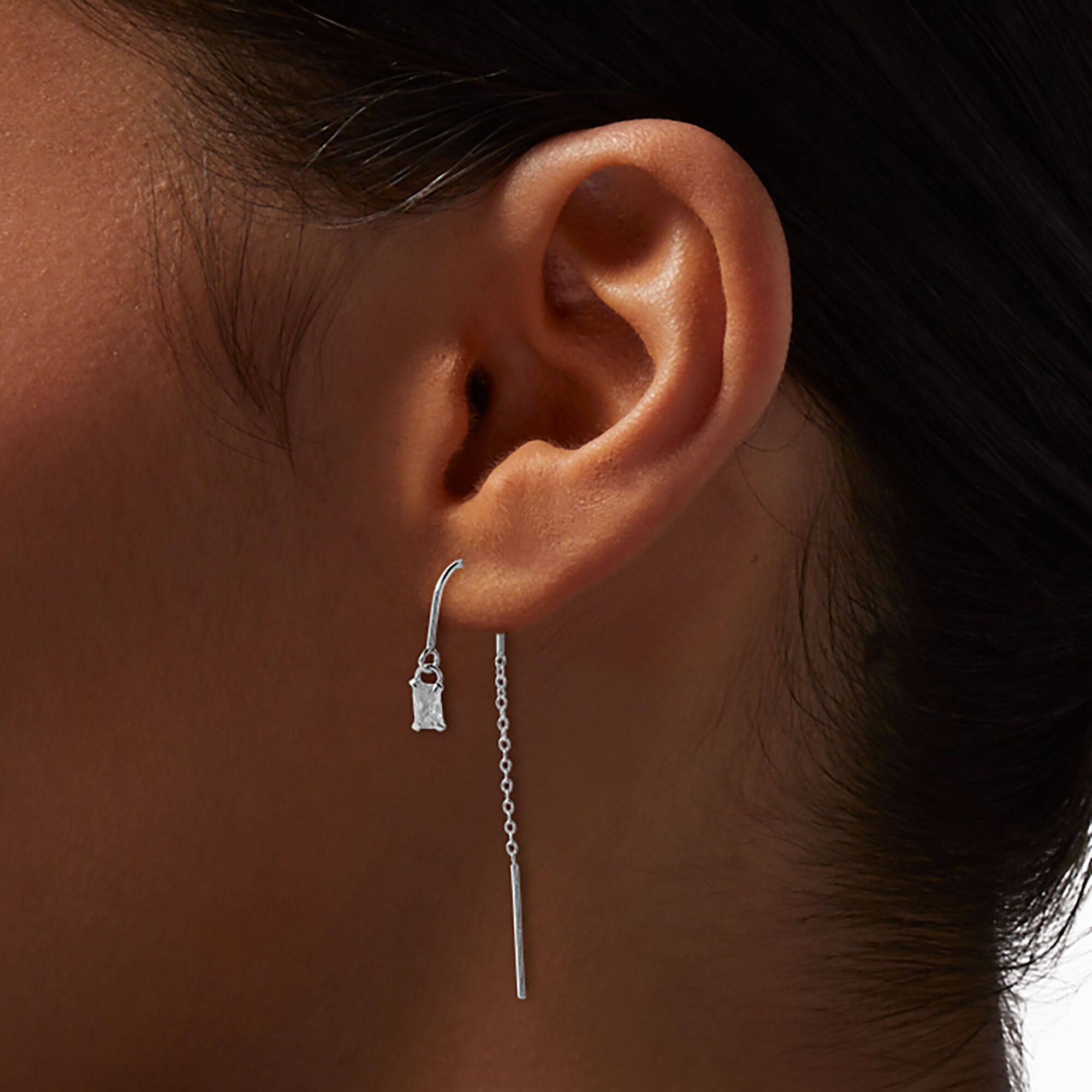 C LUXE by Claire's Sterling Silver Cubic Zirconia Clear Baguette Threader Earrings,