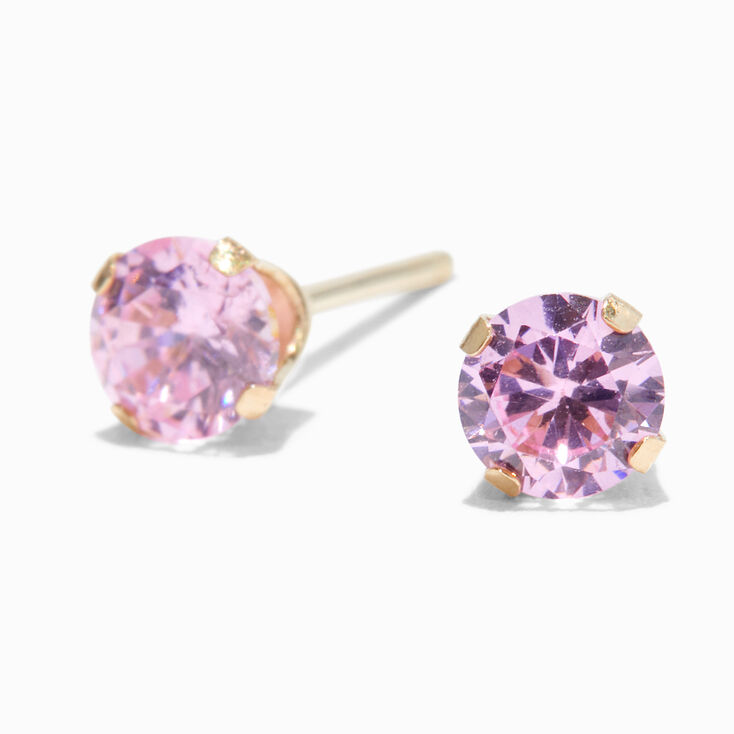 14kt Yellow Gold 4mm Pink Cubic Zirconia Studs Ear Piercing Kit with Ear Care Solution,