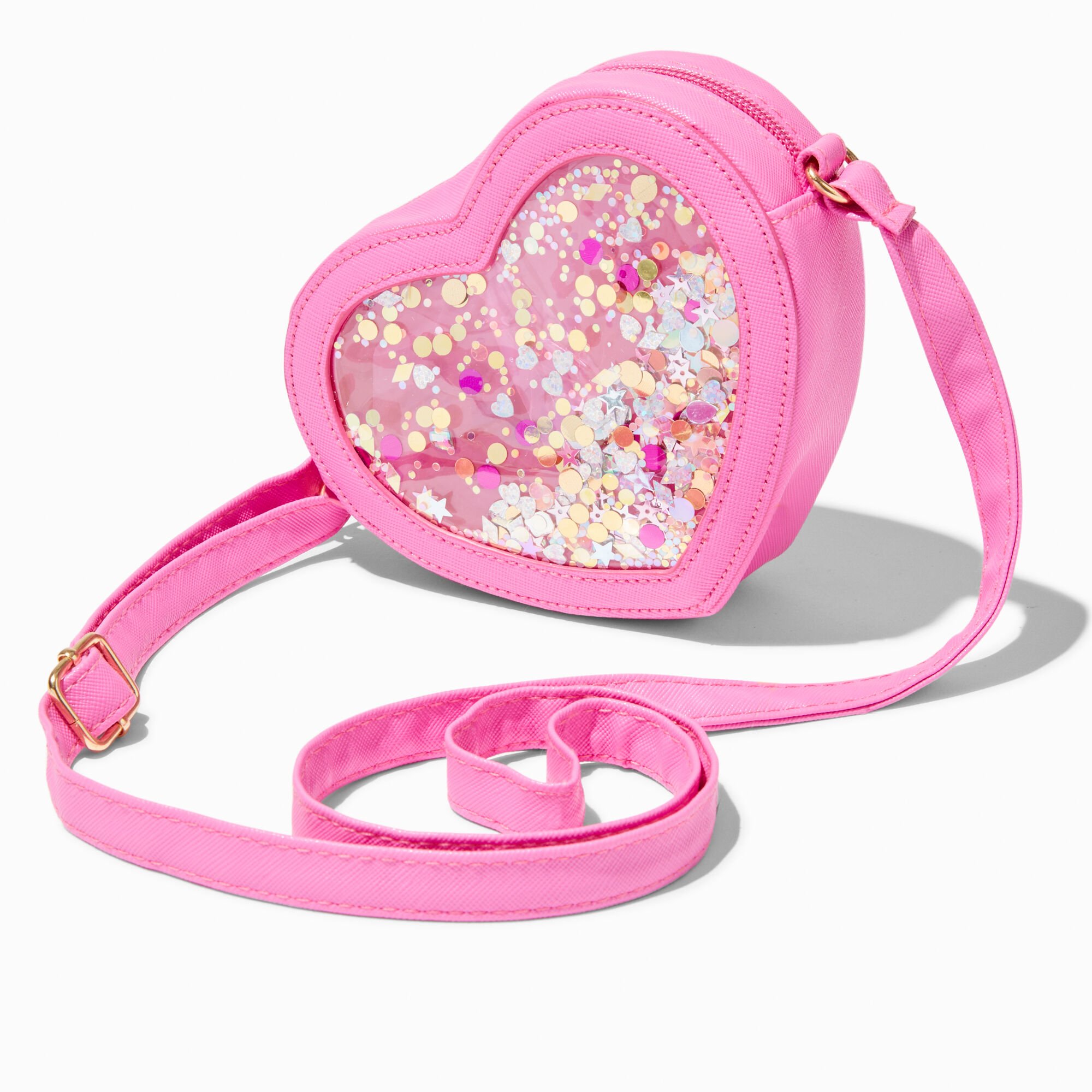 View Claires Club Shaker Transparent Heart Crossbody Bag Pink information