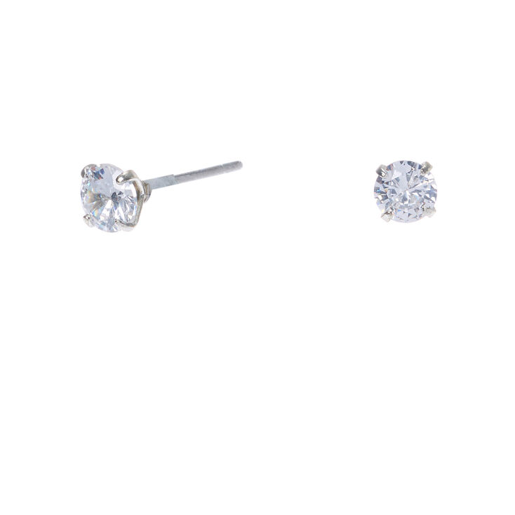 Silver-tone Cubic Zirconia Round Stud Earrings - 4MM,