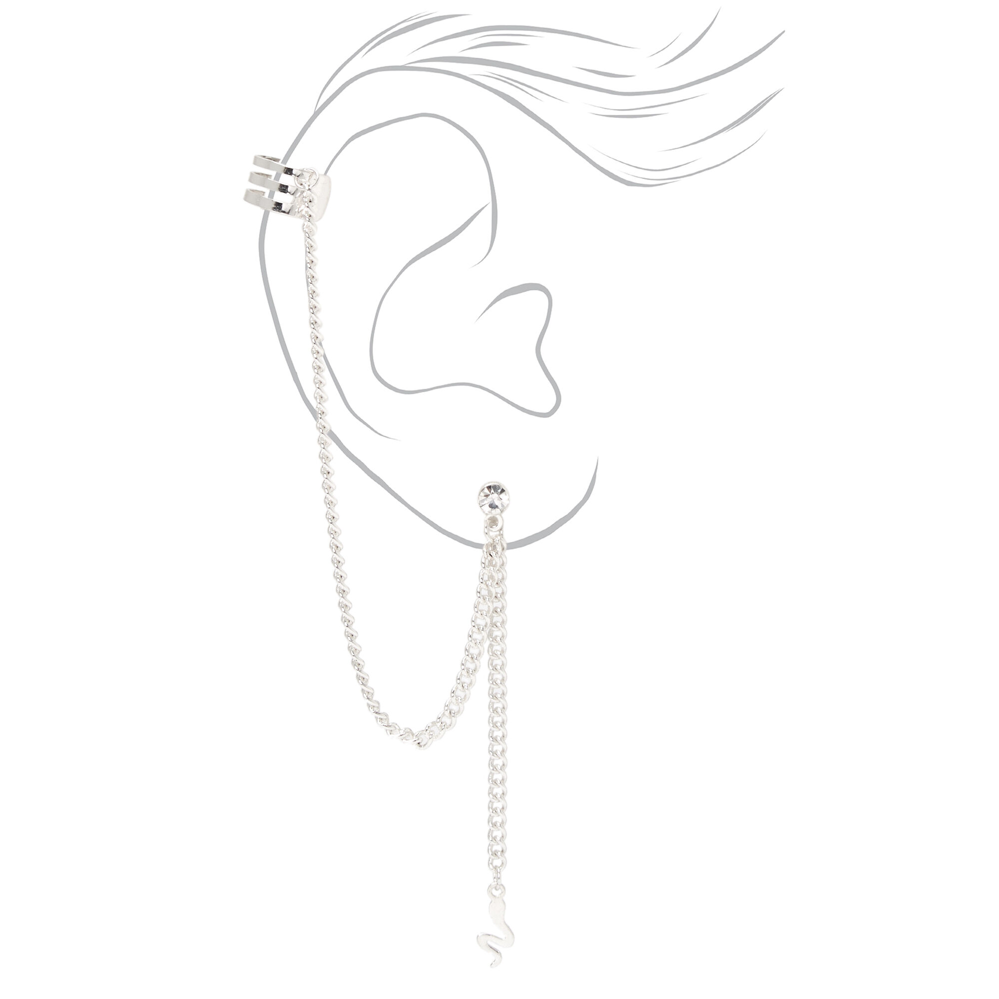 Silver Snake Linear Ear Cuff Drop & Stud Earrings - 3 Pack,