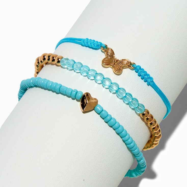Lot de bracelets perl&eacute;s turquoise c&oelig;ur et papillon - Lot de 3,