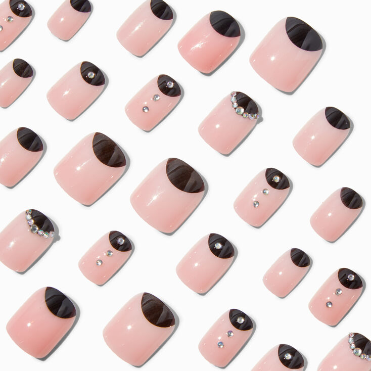 Black &amp; Nude Bling Short Square Vegan Faux Nail Set - 24 Pack,