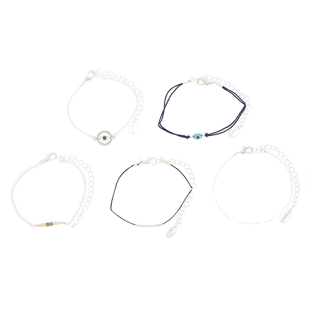 Silver Evil Eye Chain Bracelets - 5 Pack,