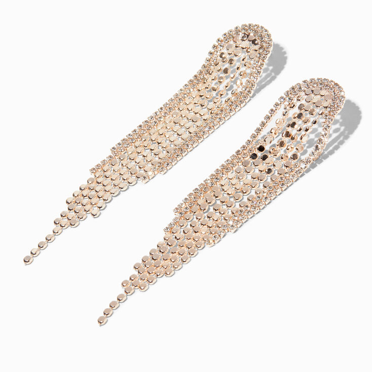 Rose Gold Rhinestone 4&quot; Disco Fringe Drop Earrings,