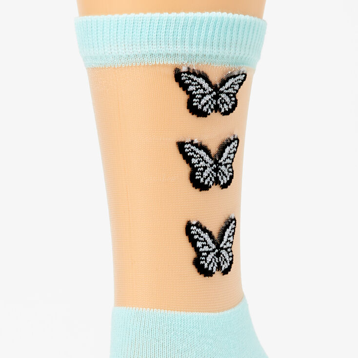 Embroidered Butterflies Sheer Crew Socks - Mint Green,