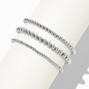 Bracelets &eacute;lastiques boule de tailles graduelles en acier inoxydable couleur argent&eacute;e - Lot de 3,