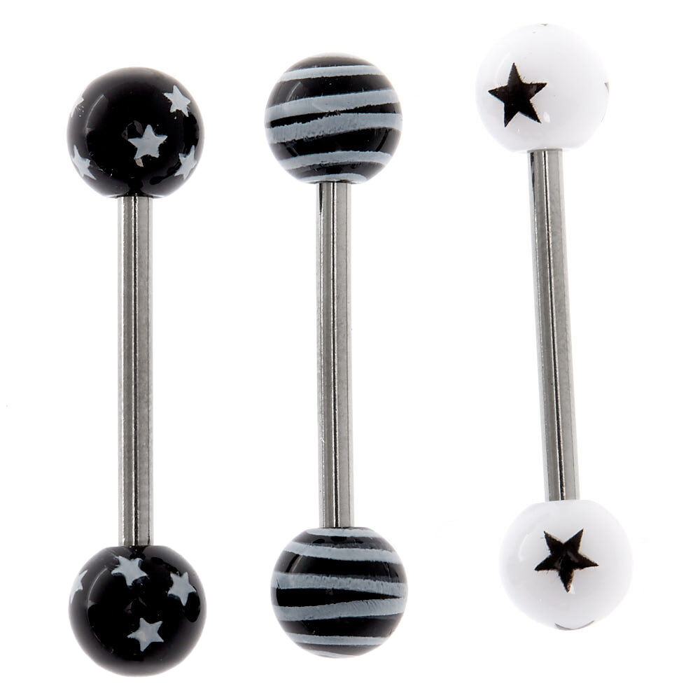 Silver 14G Stars & Stripes Barbell Tongue Rings - Black, 3 Pack,