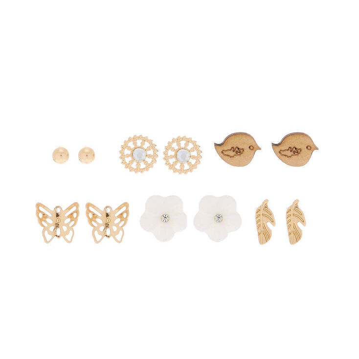 Gold Spring Floral Stud Earrings - 6 Pack,