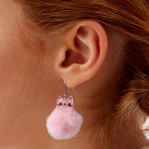 Pink Cat Pom Pom 1.5&quot; Drop Earrings,