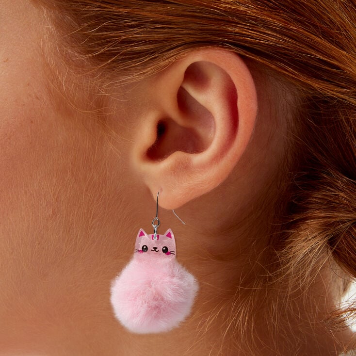 Pink Cat Pom Pom 1.5&quot; Drop Earrings,