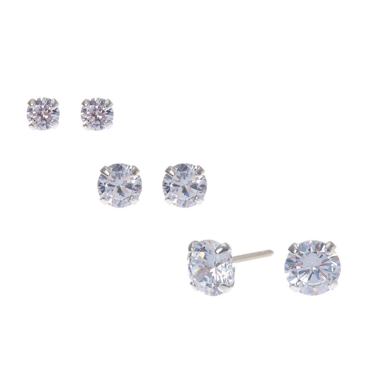 Sterling Silver Cubic Zirconia Round Stud Earrings - 3MM, 4MM, 5MM,