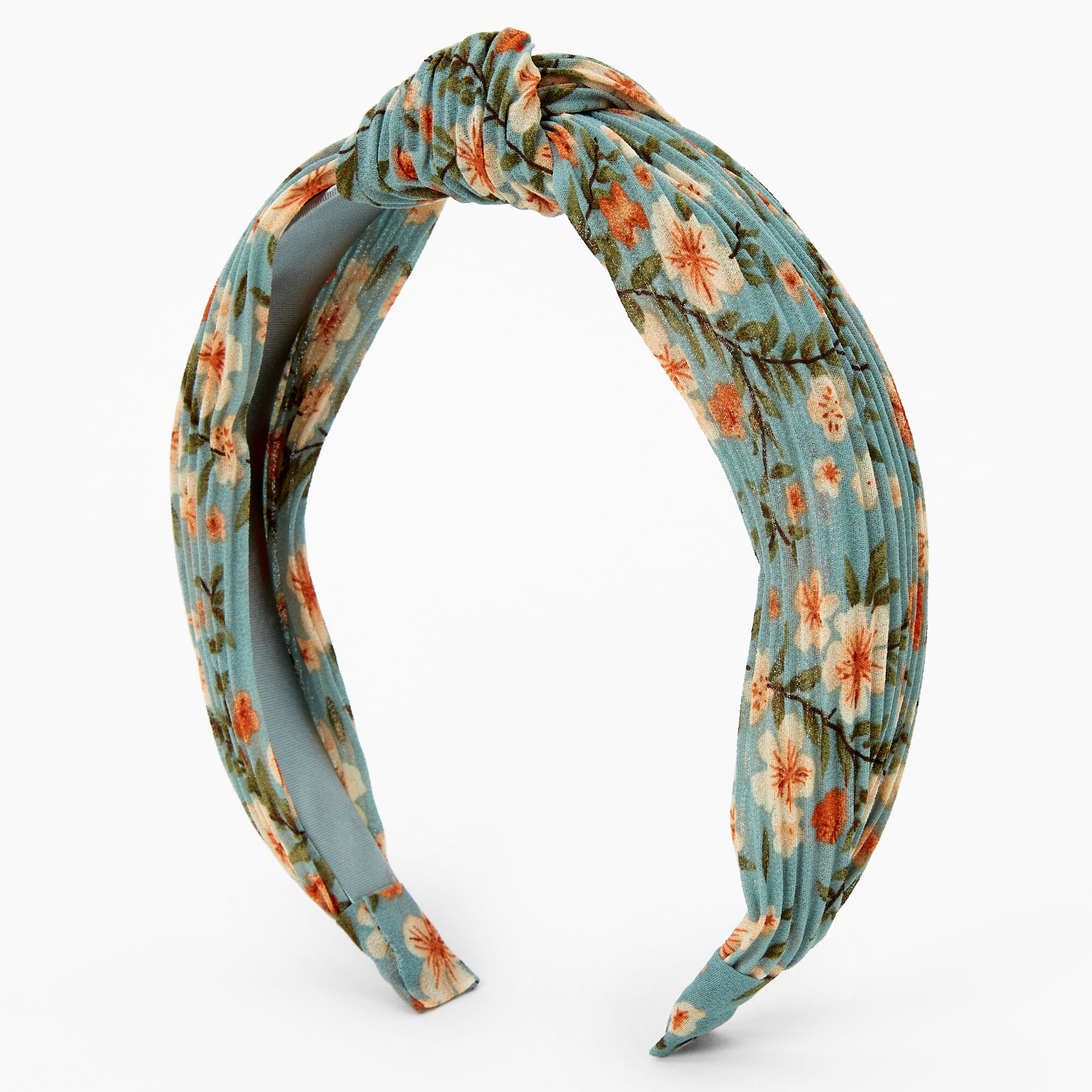 View Claires Floral Print Pleated Knotted Headband Seafoam information