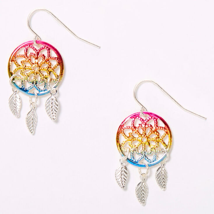 Silver 1.5&quot; Rainbow Ombre Dreamcatcher Drop Earrings,