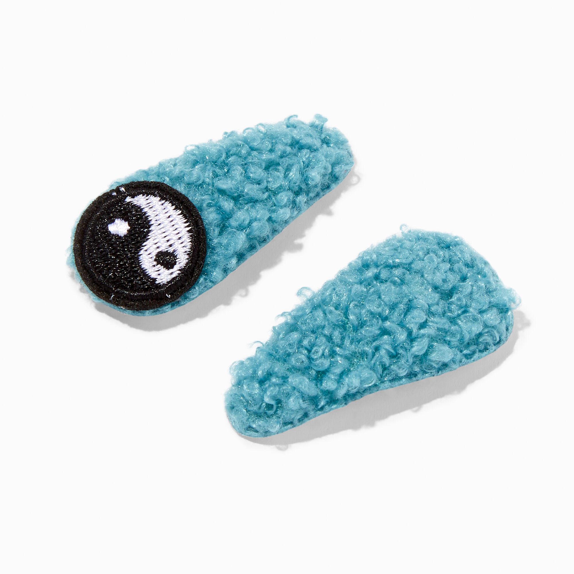 View Claires Sherpa Yin Yang Snap Hair Clips 2 Pack Blue information