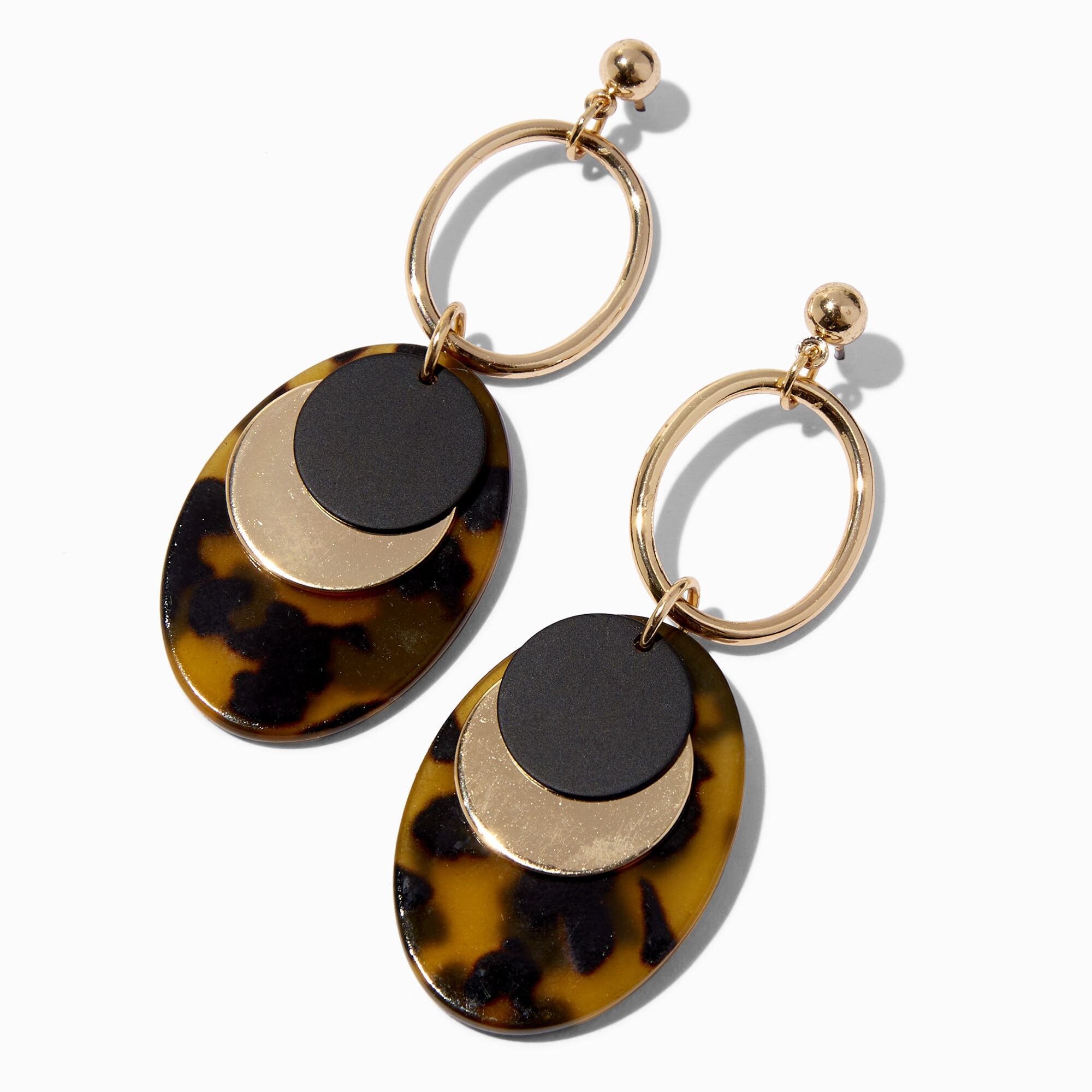View Claires Tone 2 Tortoiseshell Disc Drop Earrings Gold information
