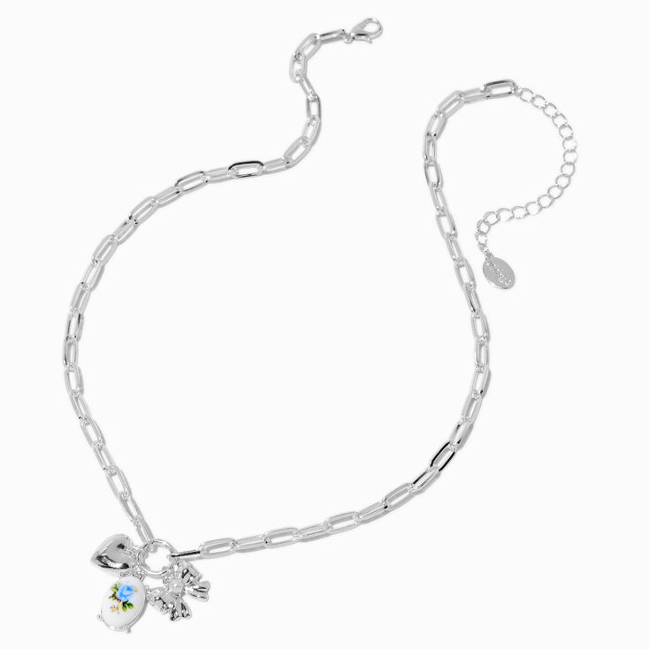 Silver-tone Blue Flower Bow Charm Necklace,