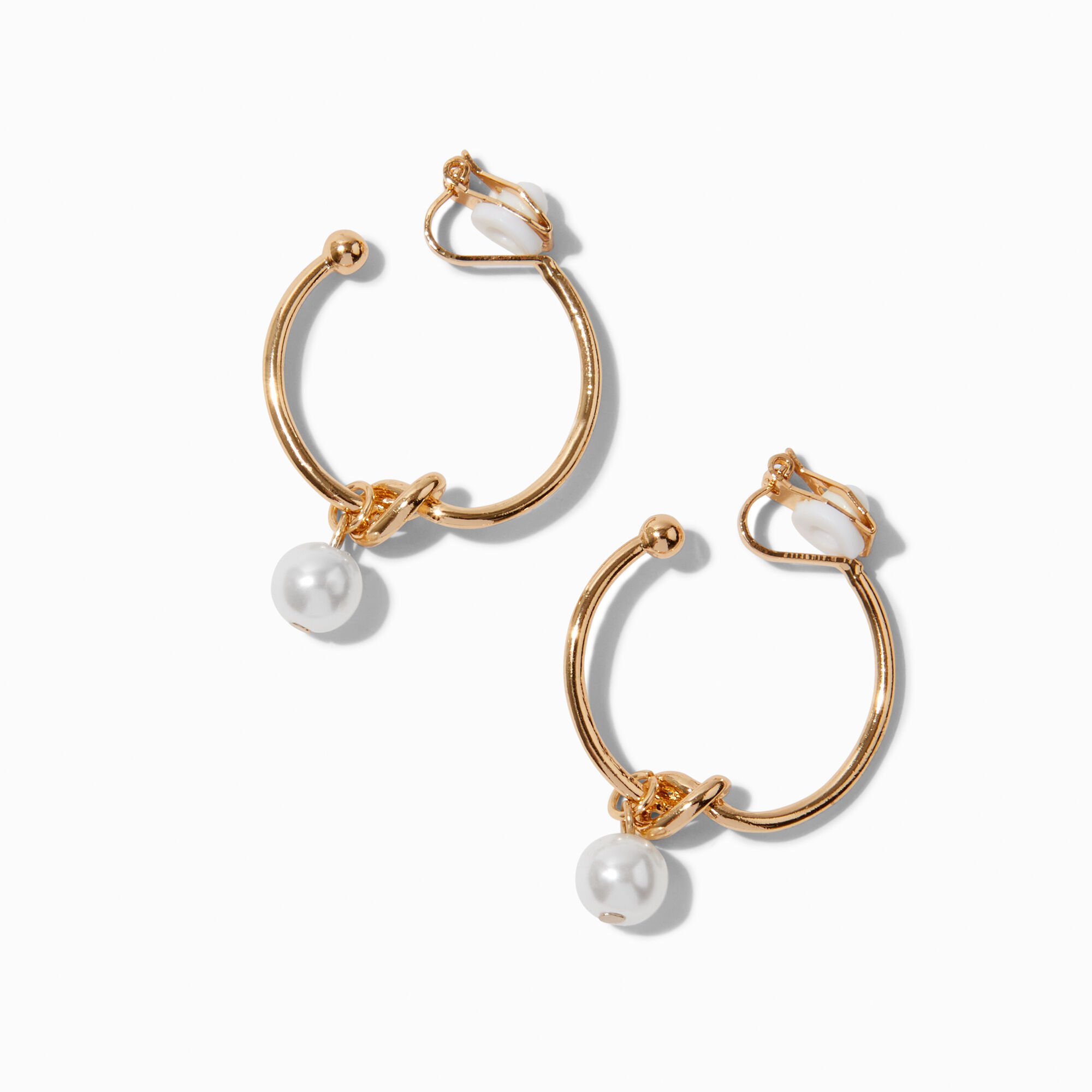 View Claires Tone Knotted Faux Pearl 25MM ClipOn Hoop Earrings Gold information