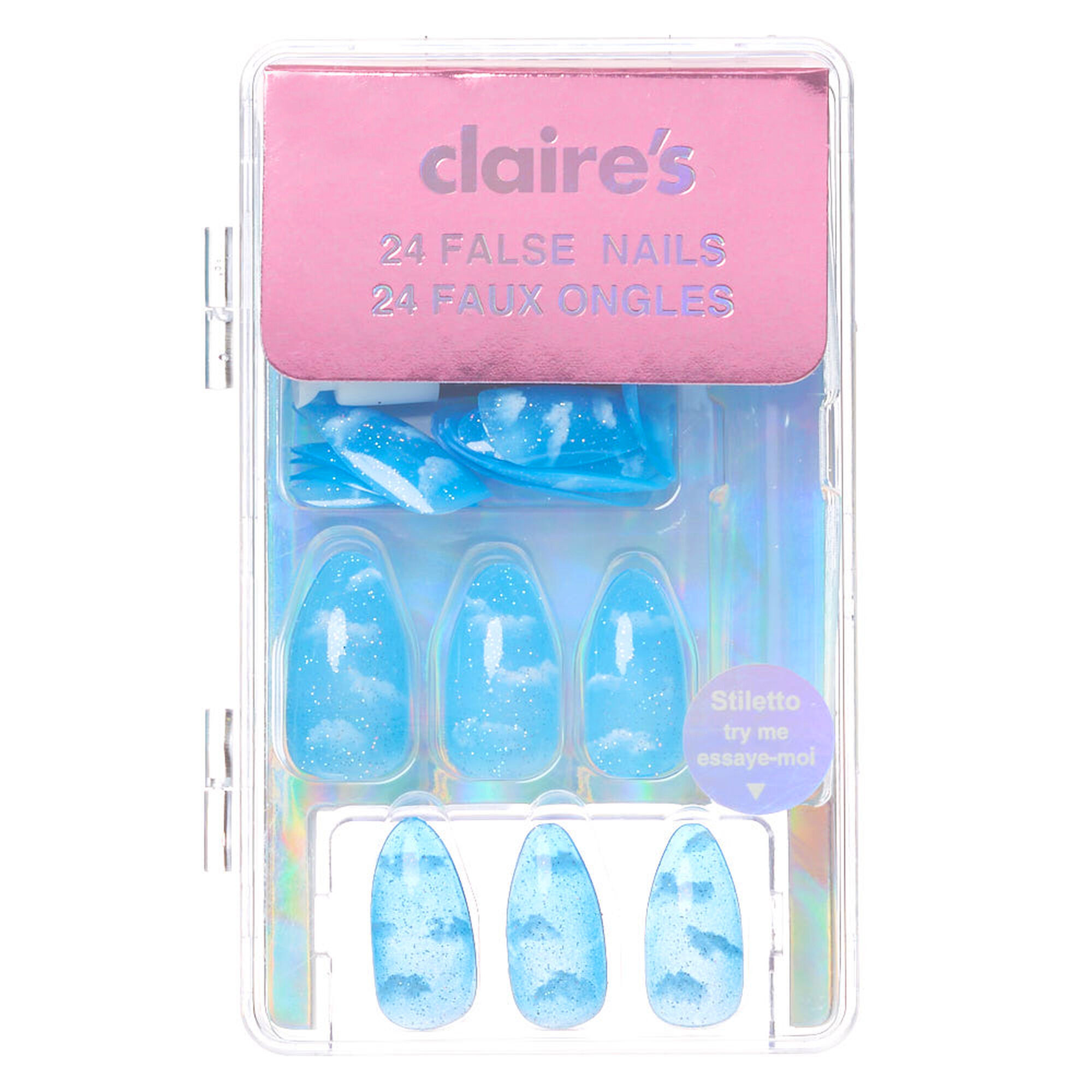 Cloudy Glitter Stiletto Faux Nail Set Blue 24 Pack Claire S Us