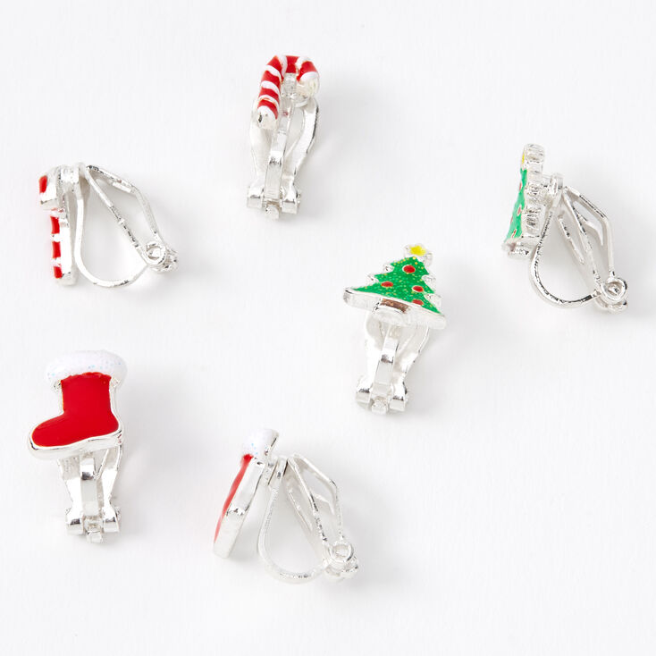 Silver 1&quot; Christmas Time Clip On Stud Earrings - 3 Pack,