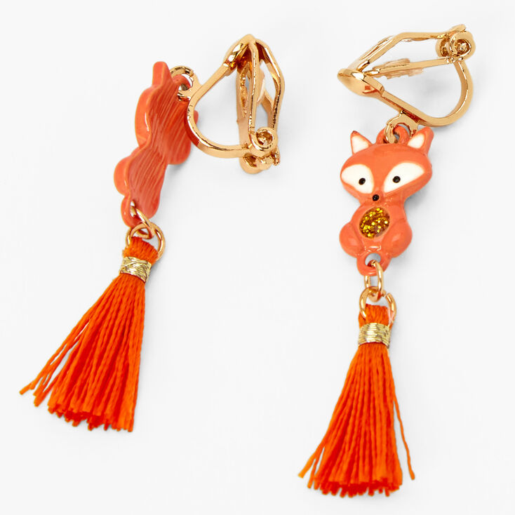 Gold 2&quot; Orange Fox Tassel Clip On Drop Earrings,