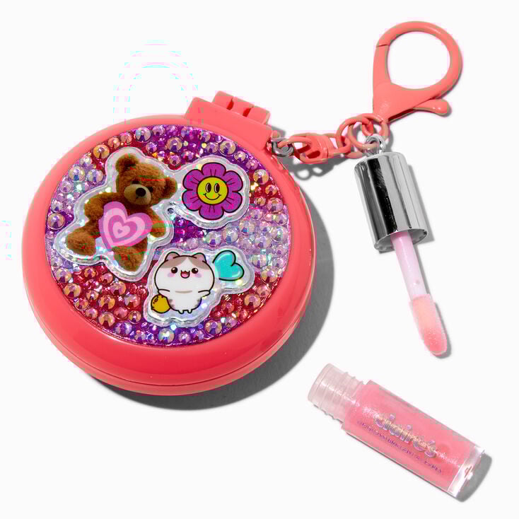 Pink Sticker Club Hair Brush &amp; Lip Gloss Keyring,