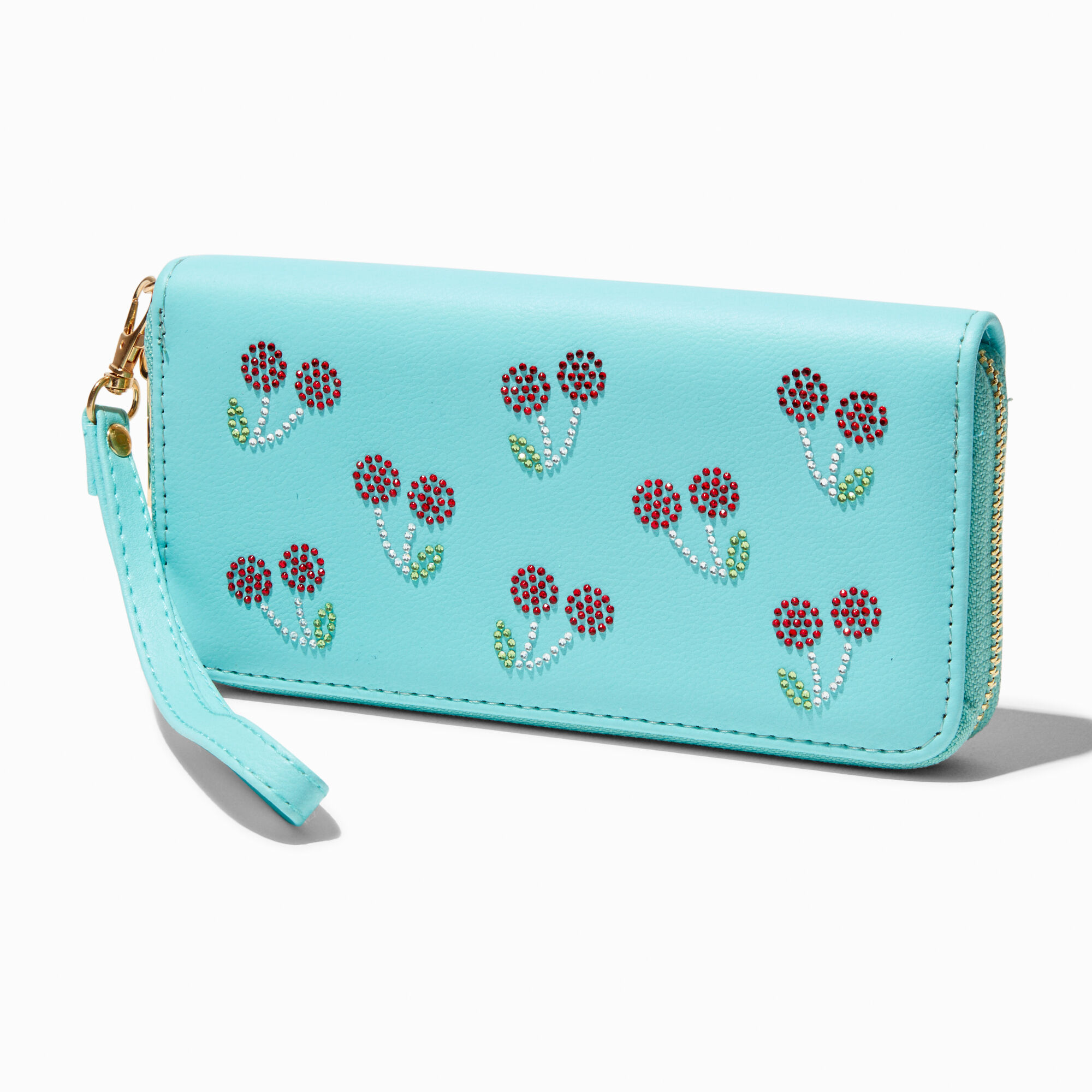 View Claires Embellished Cherries Wristlet Wallet Blue information