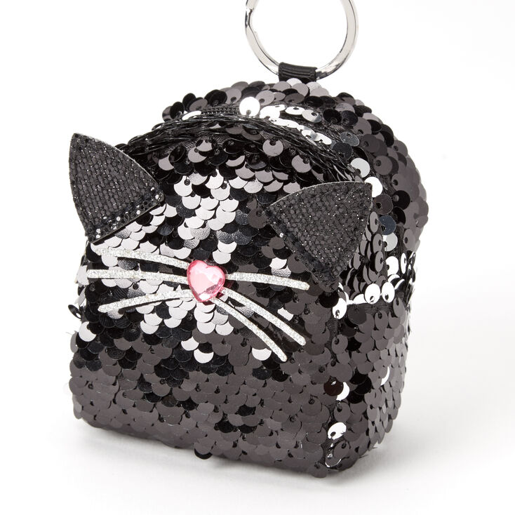 Porte-cl&eacute;s mini sac &agrave; dos chat &agrave; sequins - Noir,