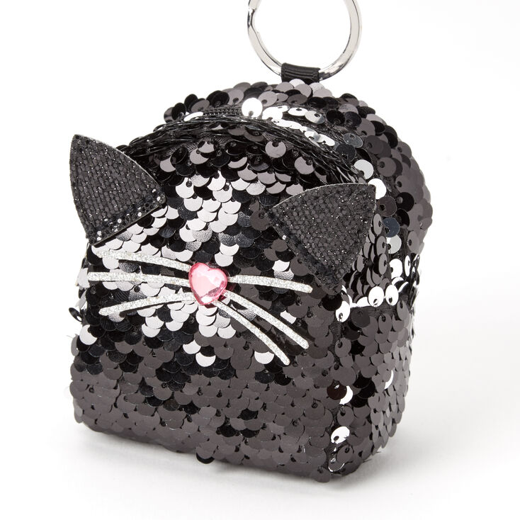 Sequin Cat Mini Backpack Keychain - Black,