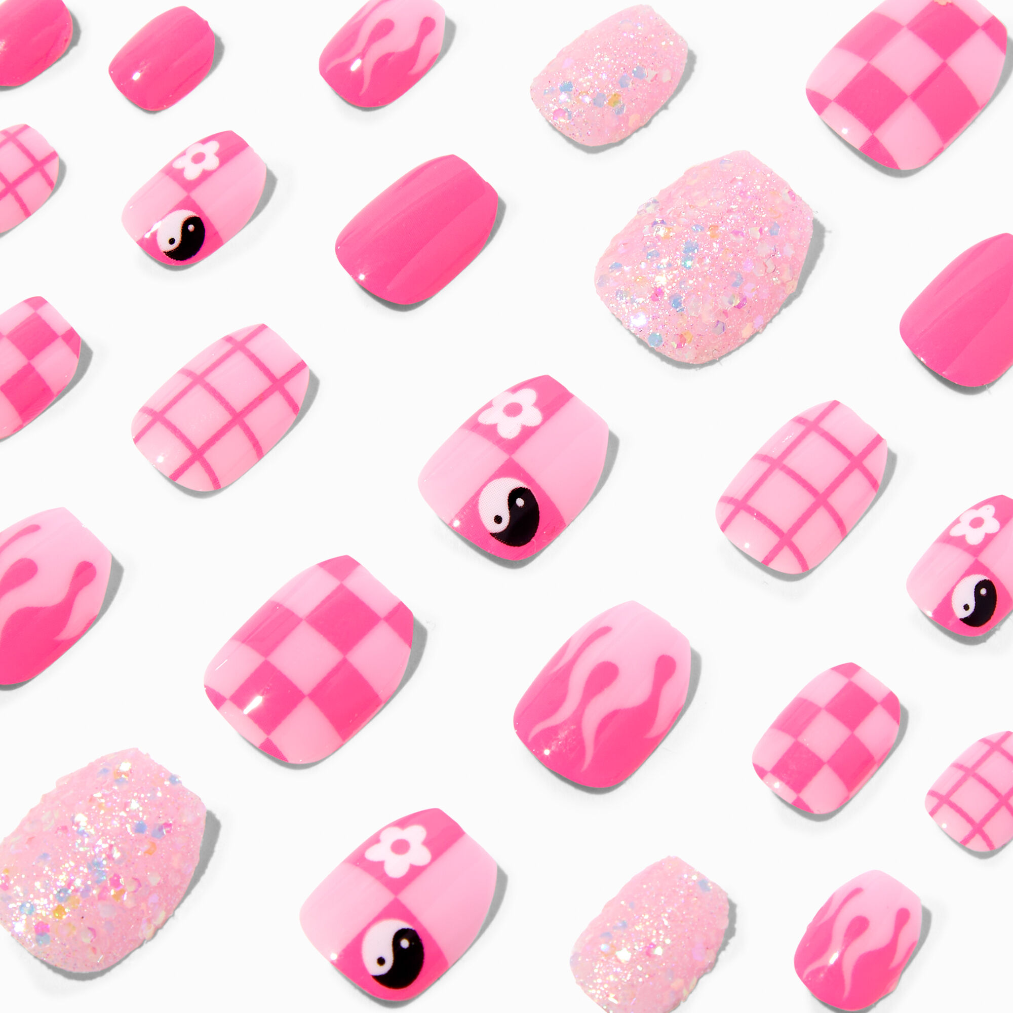 View Claires Checkered Coffin Press On Vegan Faux Nail Set 24 Pack Pink information
