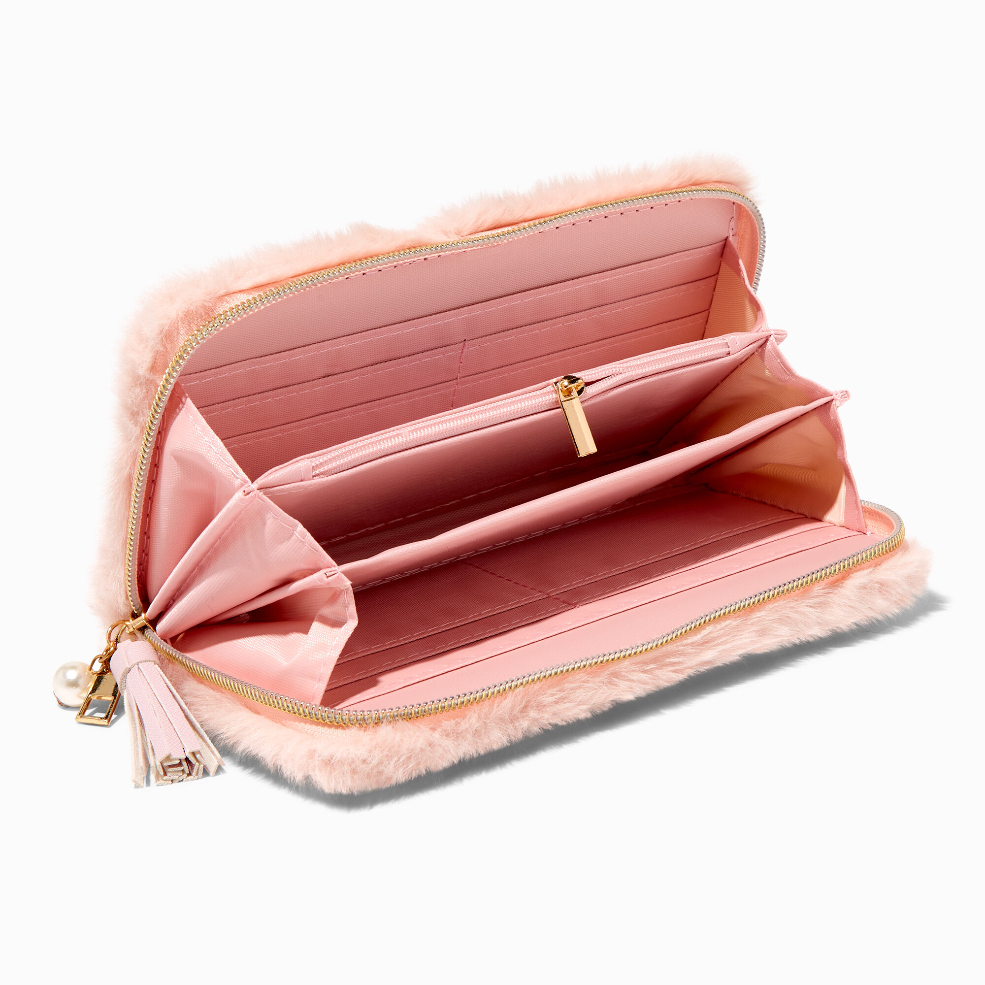 Blush Pink Furry Pearl Initial Wristlet Wallet - C,