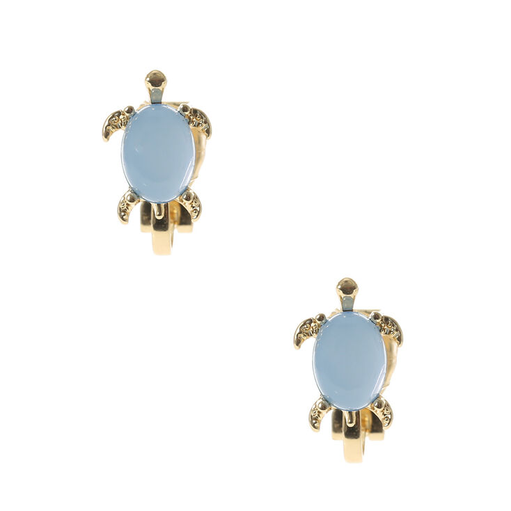 Gold-tone Opal Stone Turtle Clip On Stud Earrings,