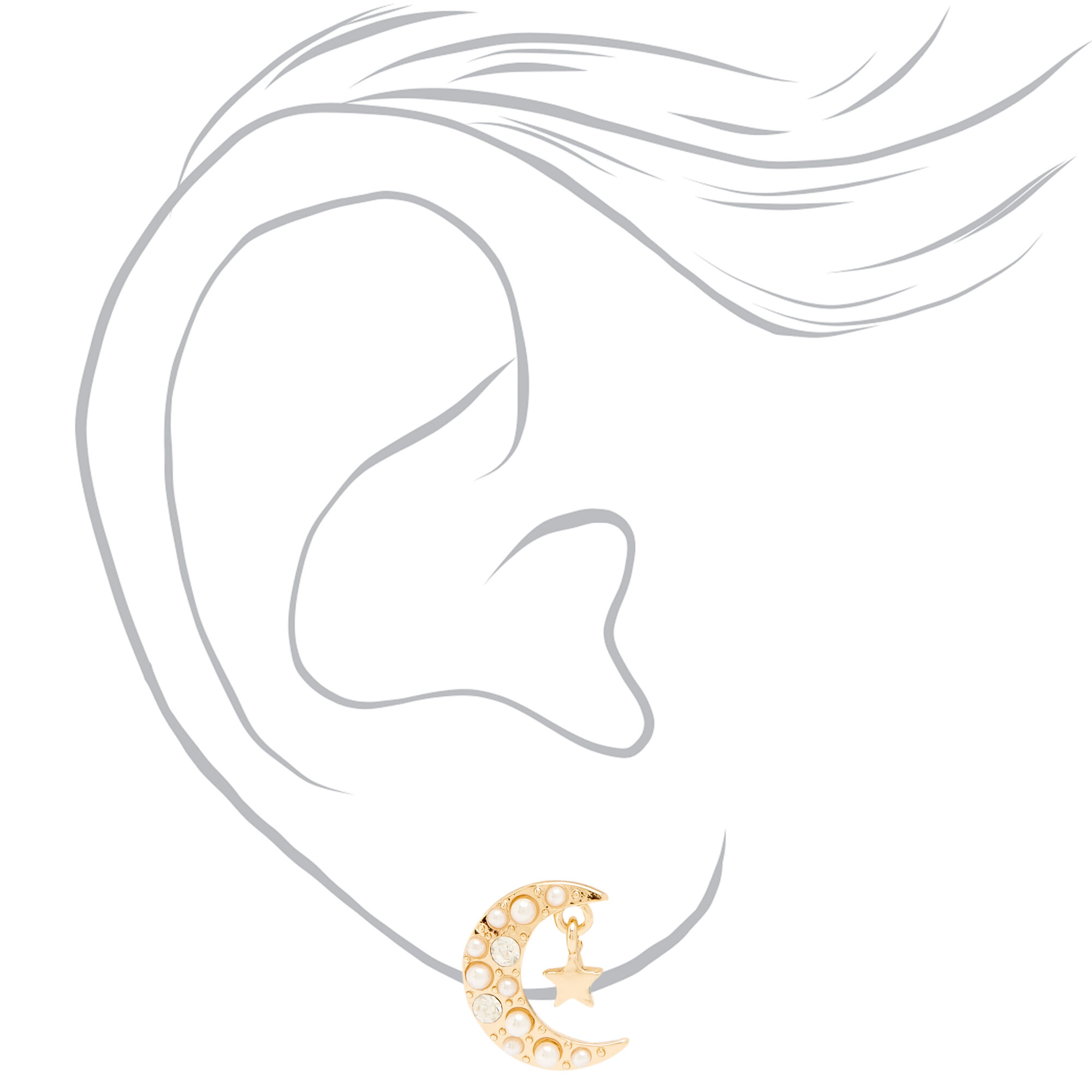 Gold Pearl Crescent Moon Star Stud Earrings,