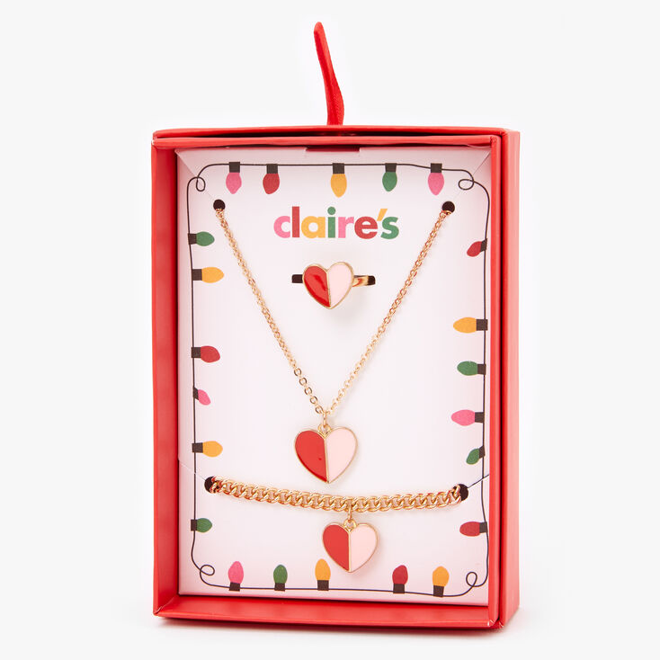 Claire's Coffret cadeau parure de bijoux duo de cœurs couleur dorée - Lot de 3