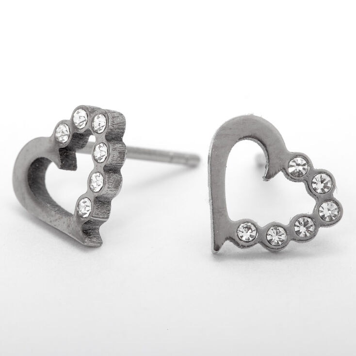 Silver Titanium Embellished Heart Stud Earrings,