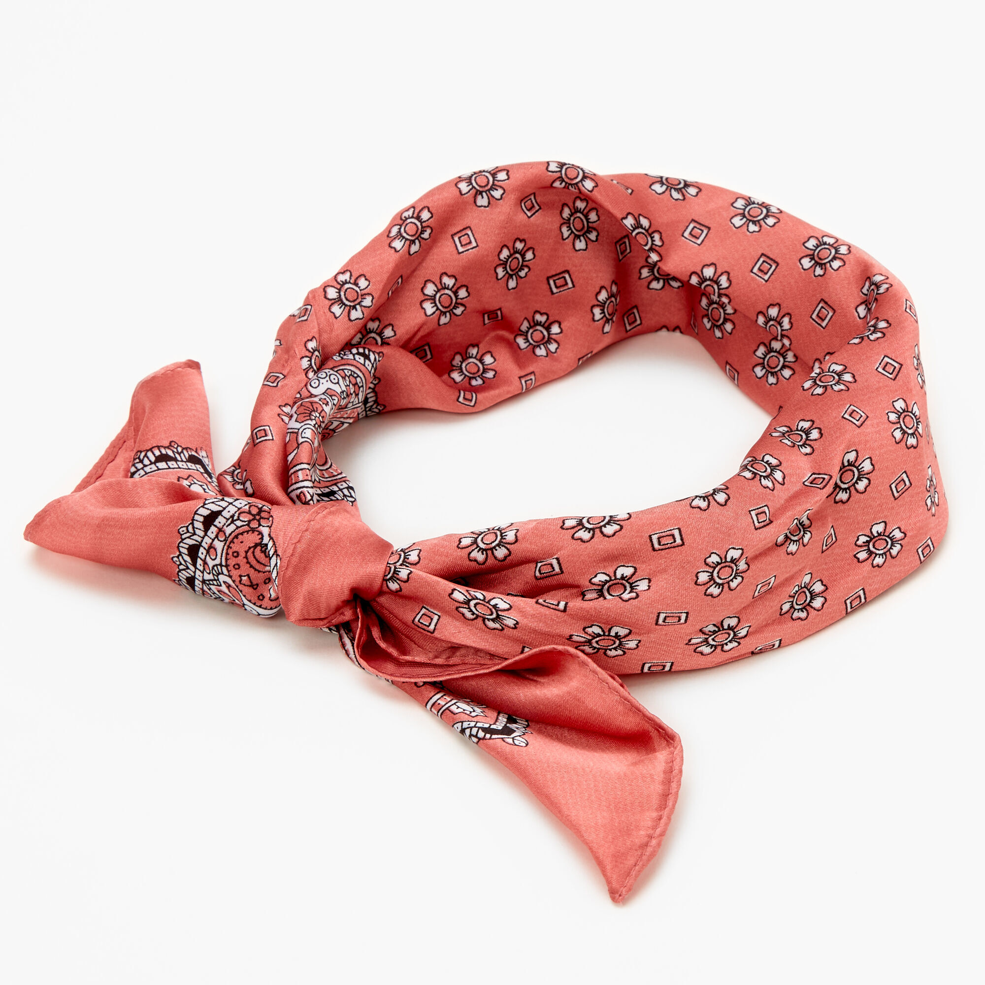 Bandeau bandana soyeux imprimé floral et cachemire - Rose tendre,