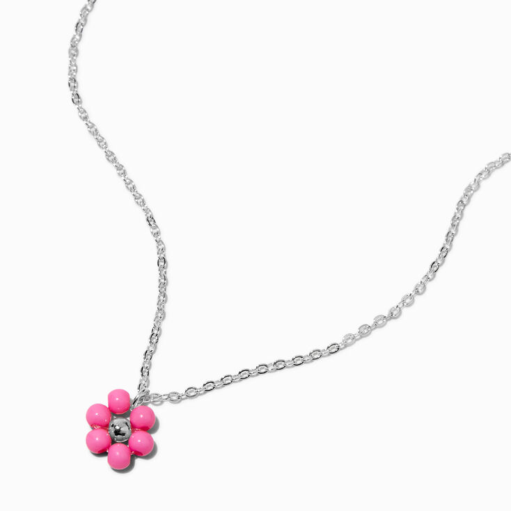 Pink Beaded Daisy Pendant Necklace