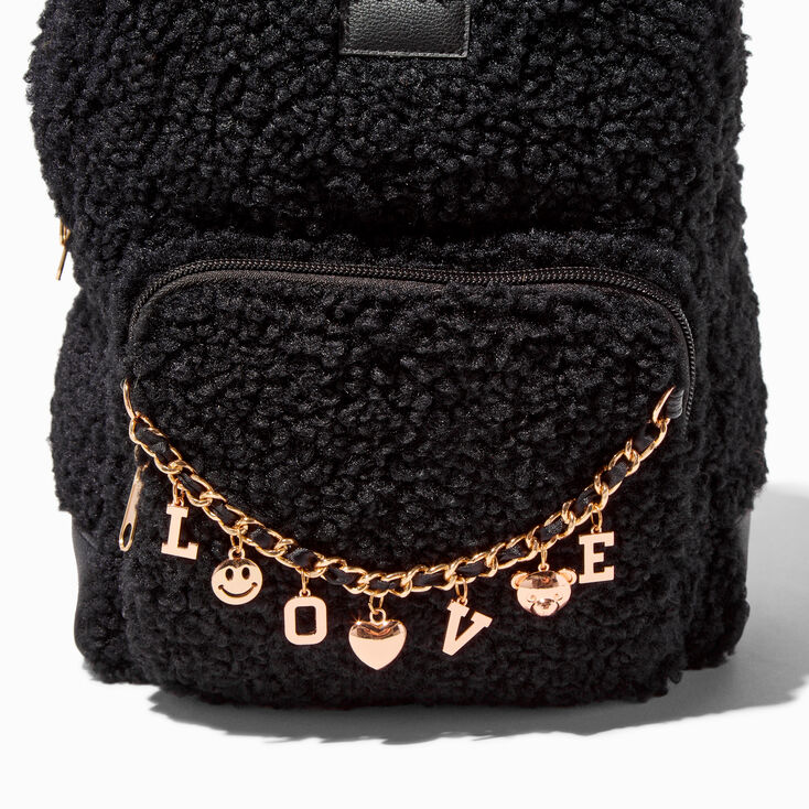 Black Sherpa &amp; Gold Chain Medium Backpack,
